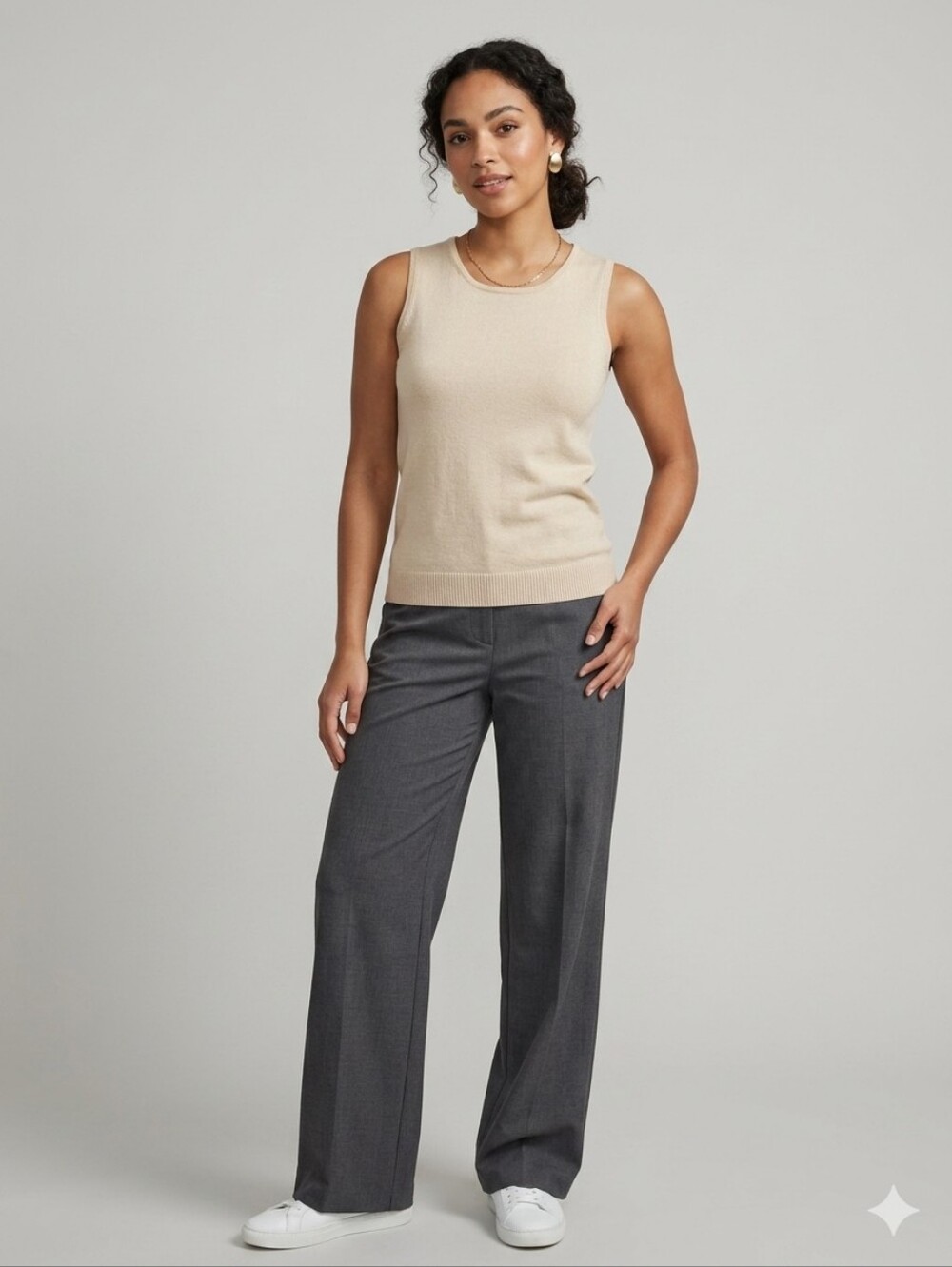 Linen Blend Beige Scoop Neck Tank
